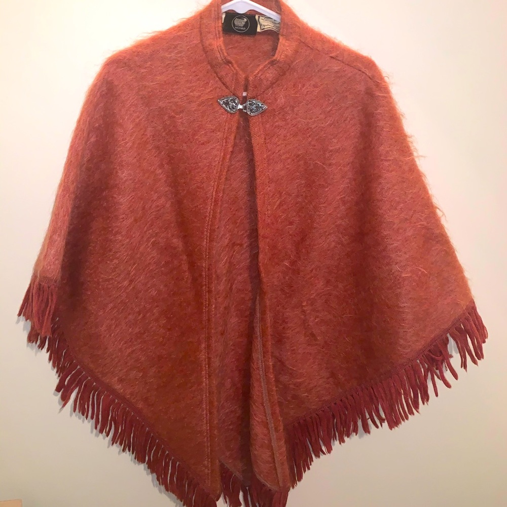 Orange/Red wool pullover/poncho with silver clasp